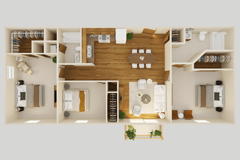 Floor plan for 3 beds, 2 baths, 954 sqft